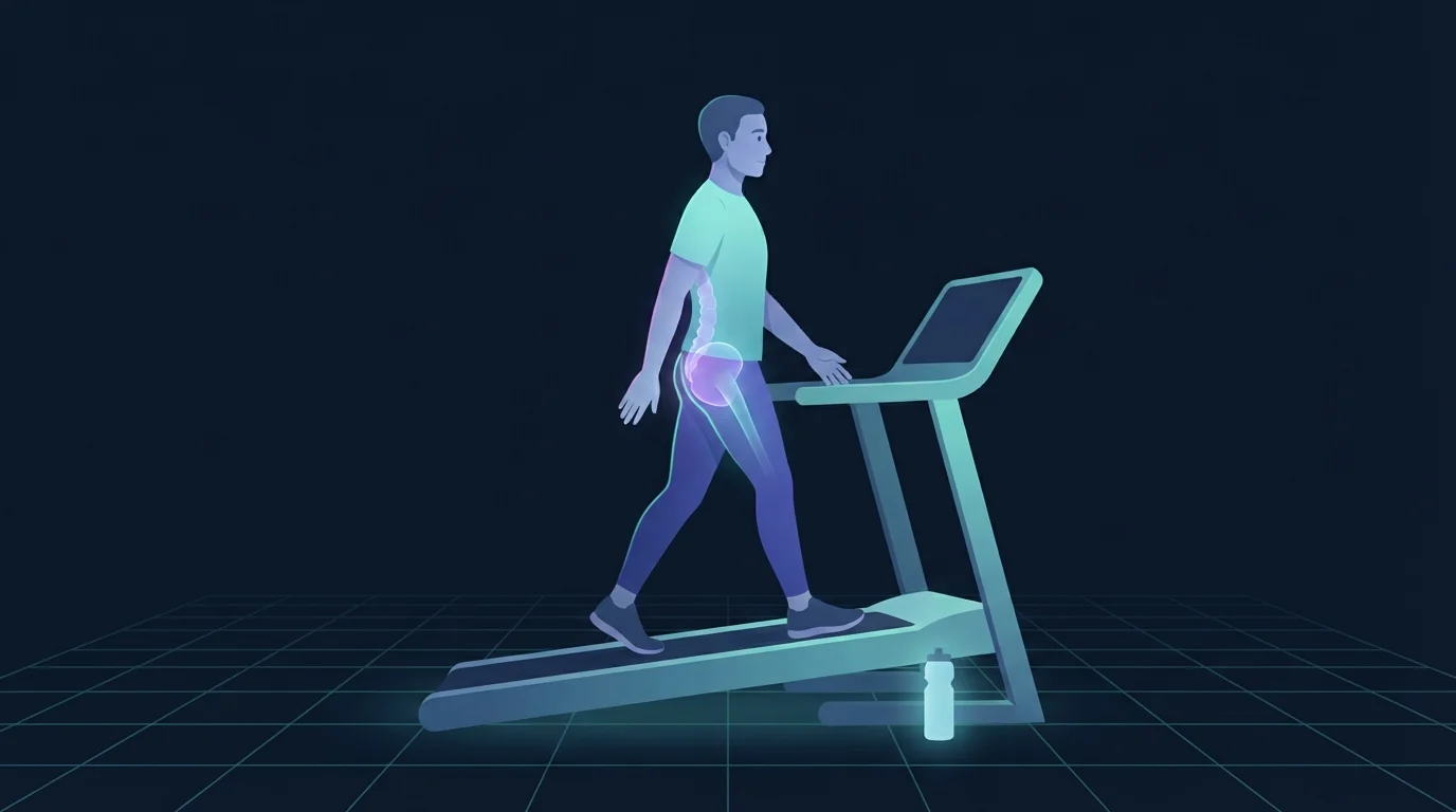 Side view of a walker on a tilted treadmill deck with the torso stacked upright over the hips and both hands open and hanging beside the handrails instead of gripping them