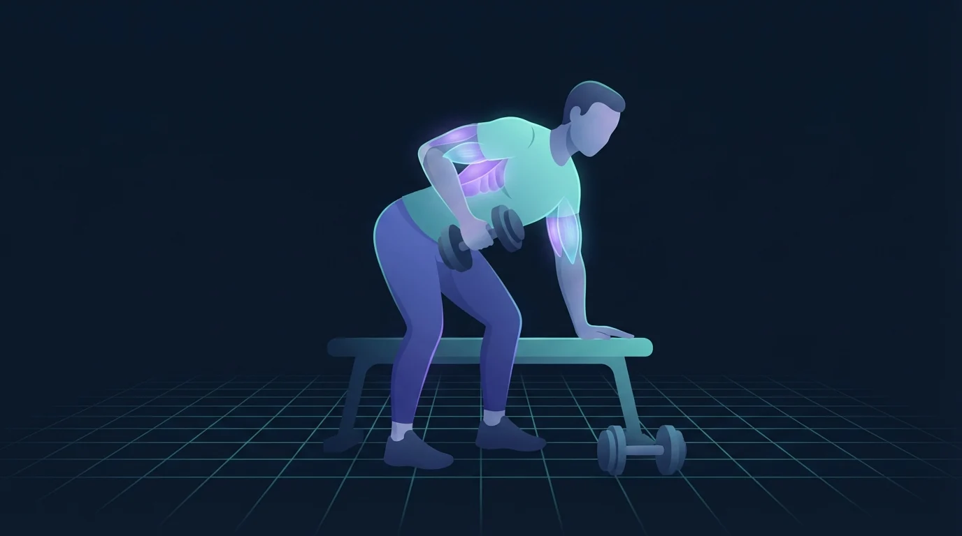 A person braced on a bench rowing a single dumbbell toward the ribs, with the lats, mid back and rear shoulder lit up, the pulling half of an upper body day
