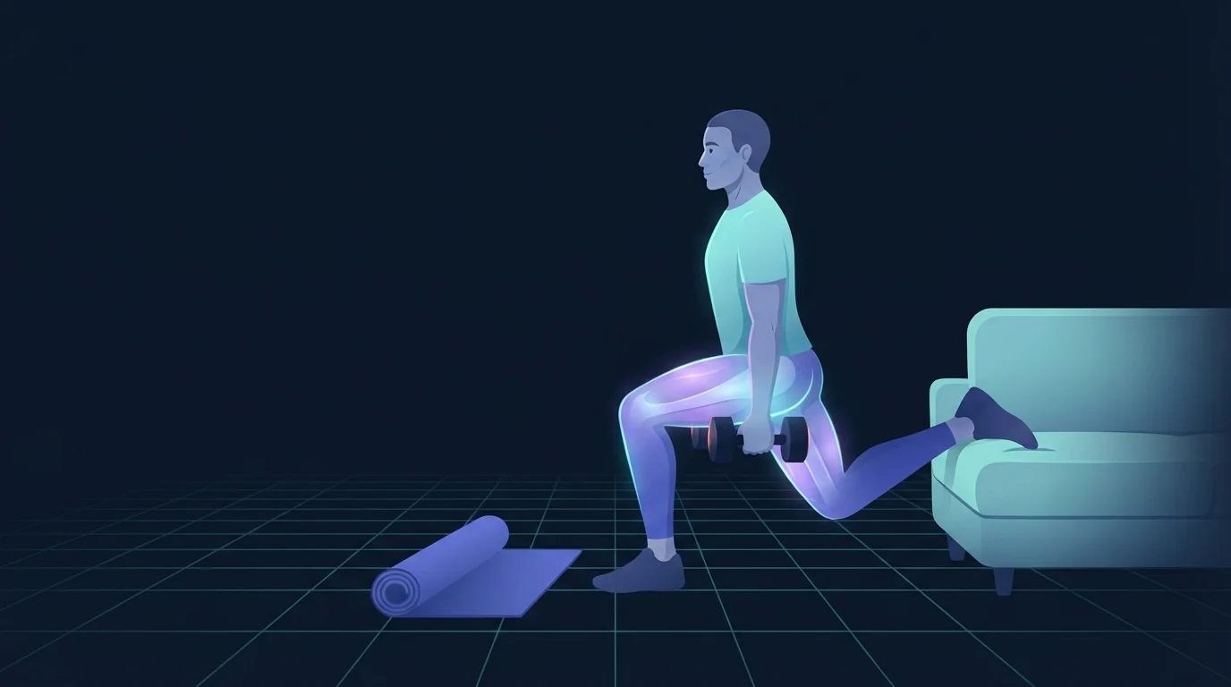 A person in a living room doing a rear-foot-elevated split squat with the back foot on a couch and a dumbbell in each hand, front thigh and glute lit up