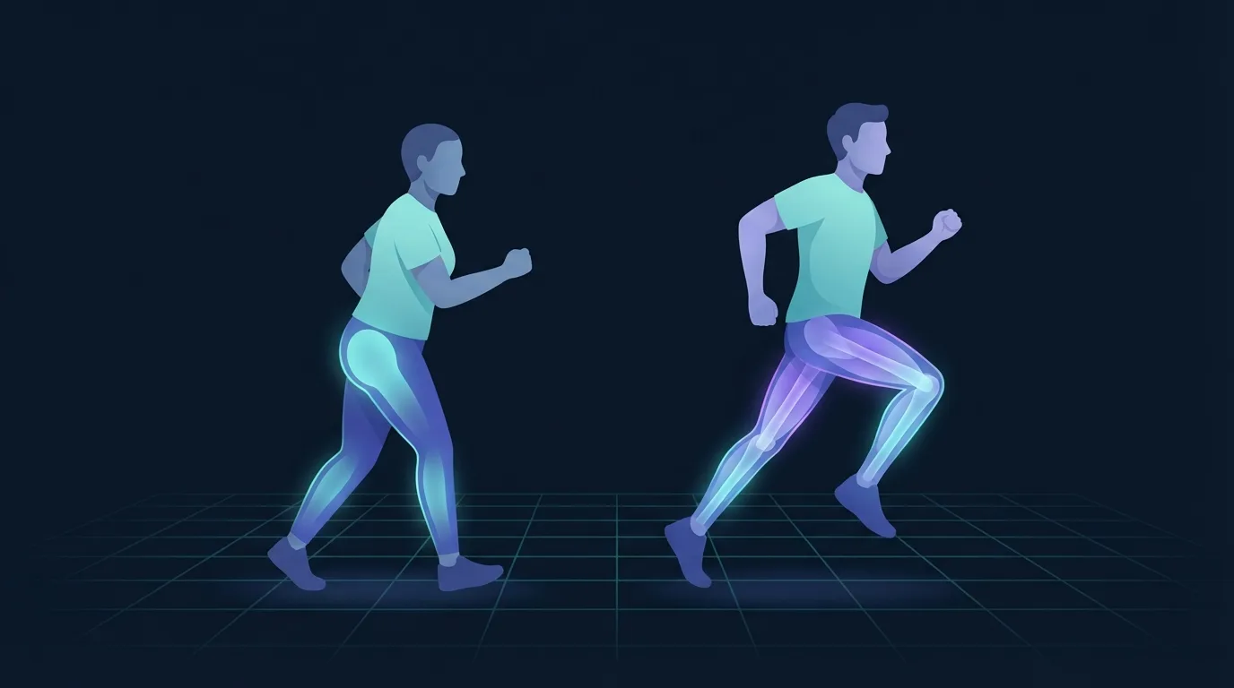 Illustration comparing a brisk walker with a short stride and both feet near the ground against a runner with a long stride and one foot lifted clear, the runner's quadriceps, hamstrings and calves glowing more brightly