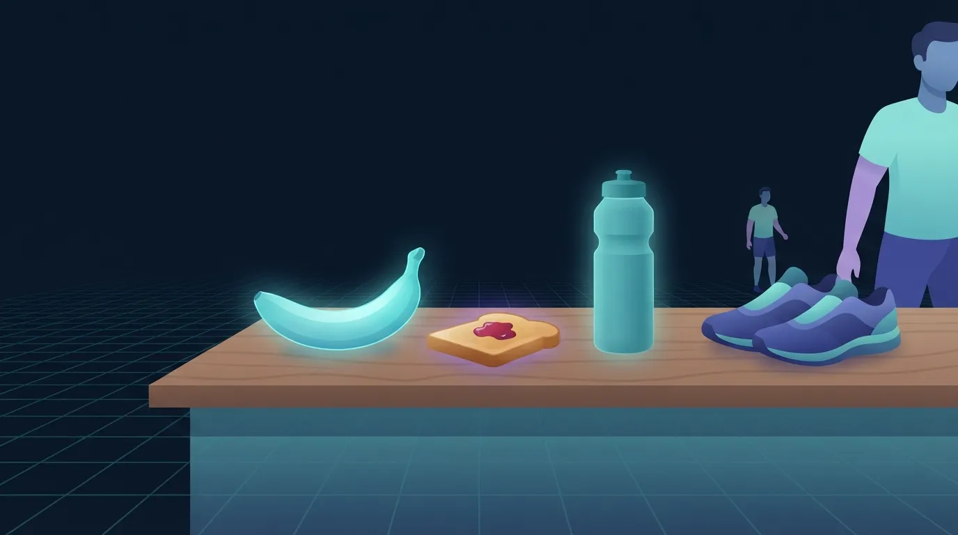 A banana and a slice of toast with jam on a kitchen counter beside a water bottle and running shoes, the small carb-forward snack that fits the 30 to 60 minute window
