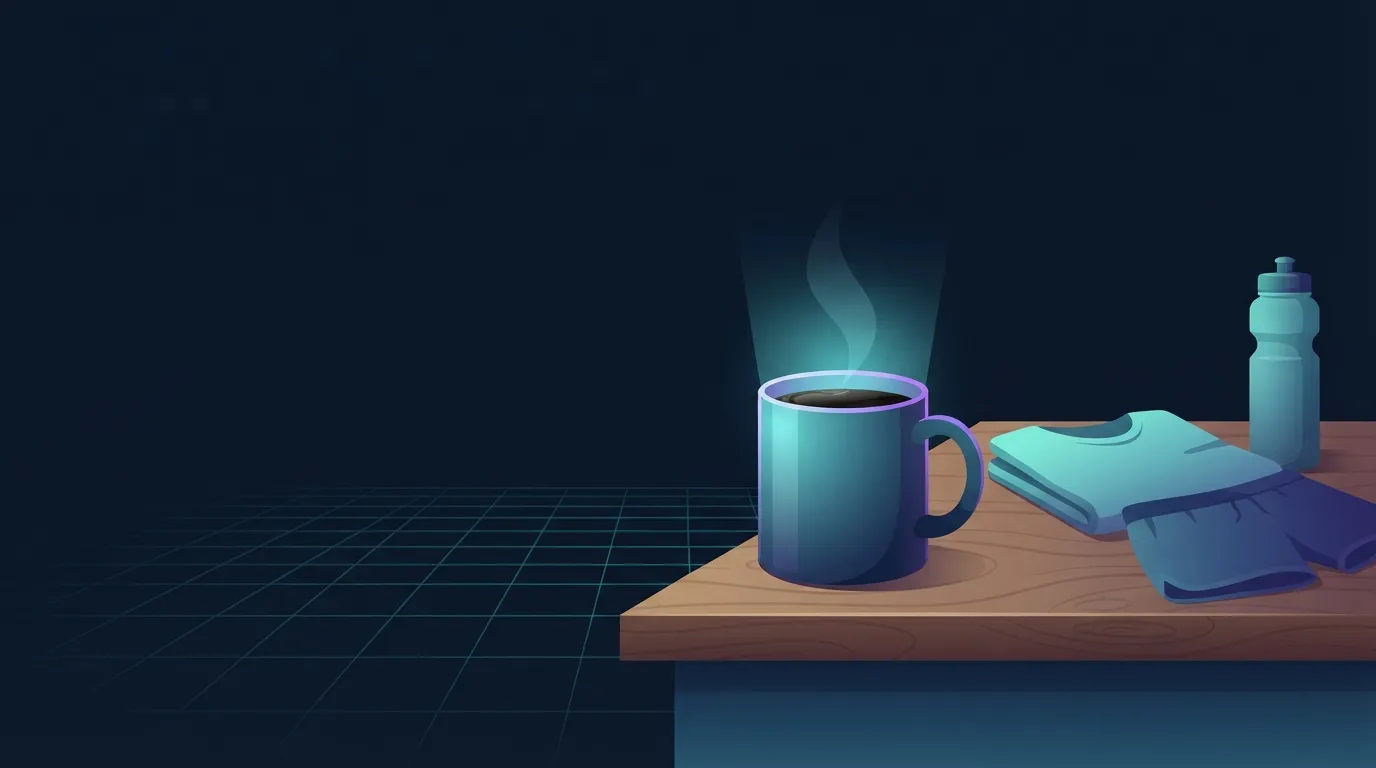A mug of black coffee beside gym clothes and a water bottle on a kitchen counter in early morning light, the fasted or near-fasted morning workout setup