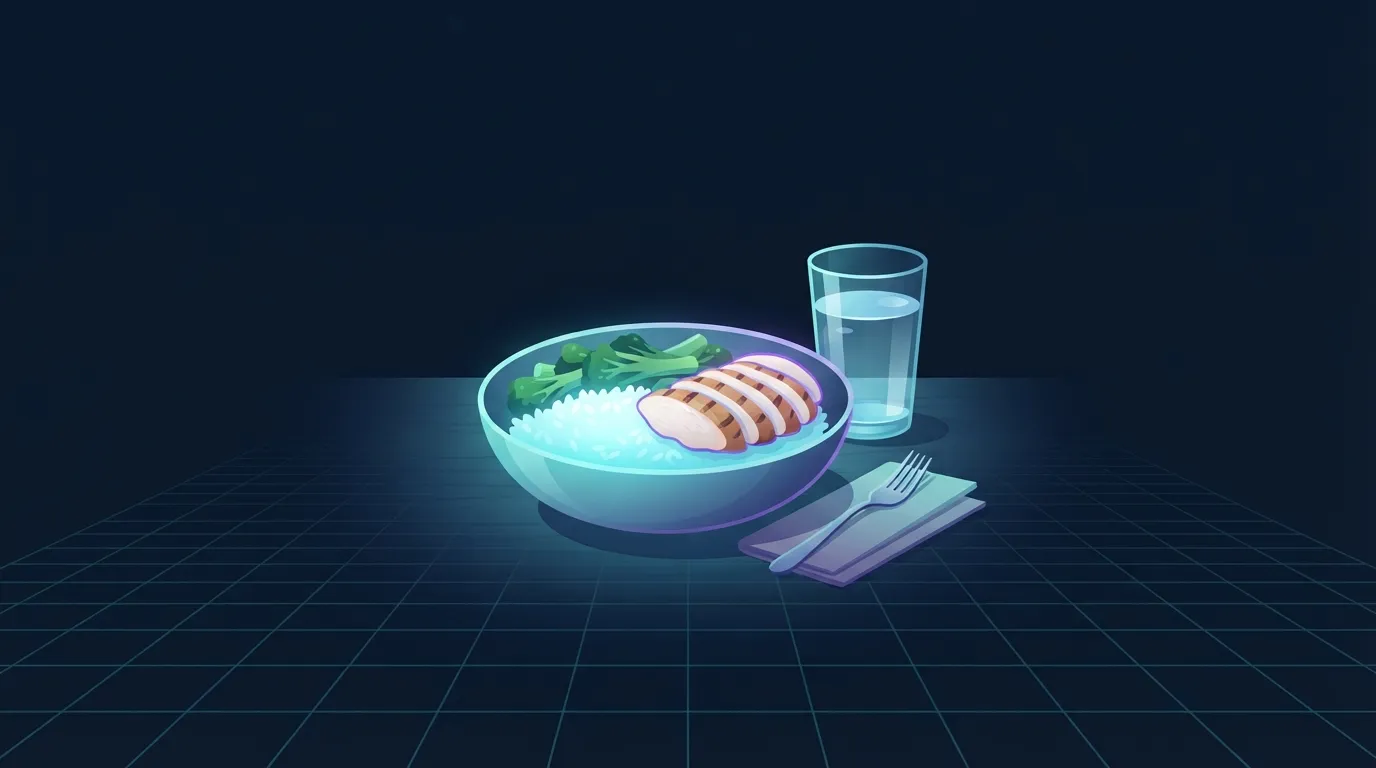 A rice bowl with grilled chicken and steamed vegetables on a kitchen table beside a glass of water, the 2 to 3 hour pre-workout meal
