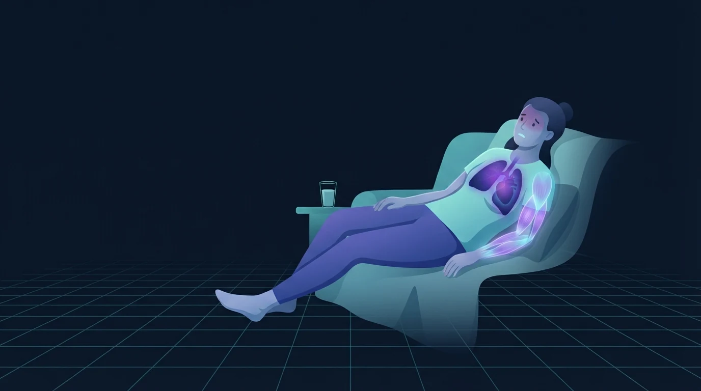 A feverish person resting on a couch with a hand on the chest, the lungs and heart lit up behind the ribcage to show a systemic below-the-neck illness