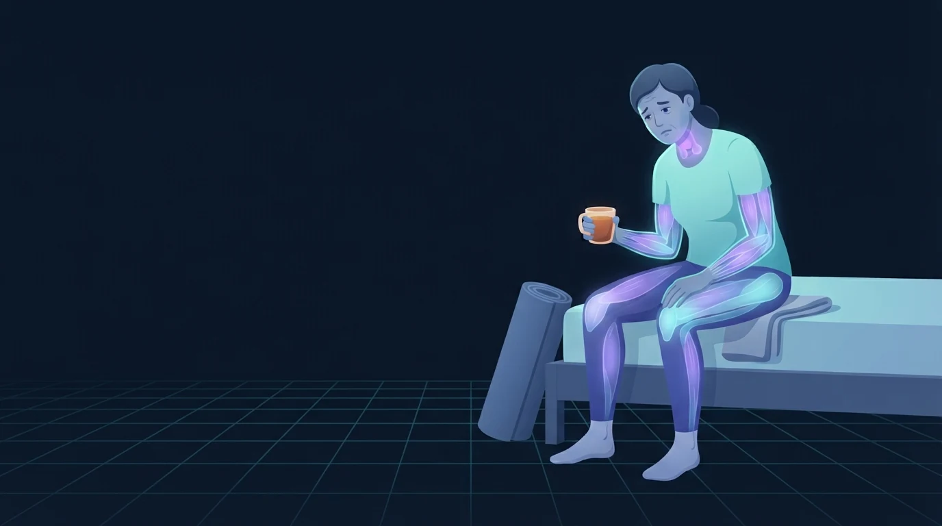 A person in workout clothes sitting on the edge of a bed holding a mug, throat and sinuses lit up, an unused yoga mat rolled against the bed frame
