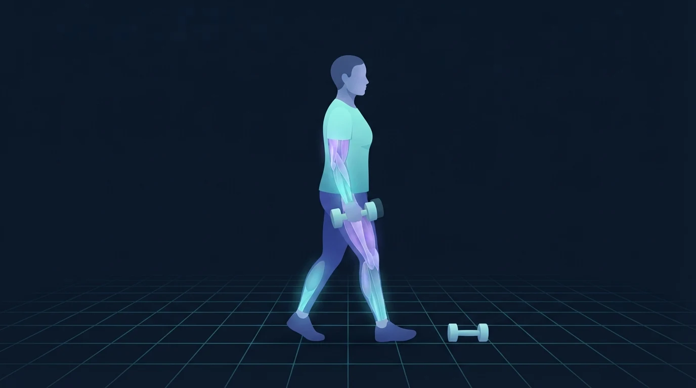A person back on their feet after illness walking at an easy pace with one light dumbbell, only the calves and forearms faintly lit to show a deliberately scaled-down first session