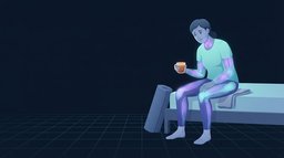 A person in workout clothes sitting on the edge of a bed holding a mug, throat and sinuses lit up, an unused yoga mat rolled against the bed frame