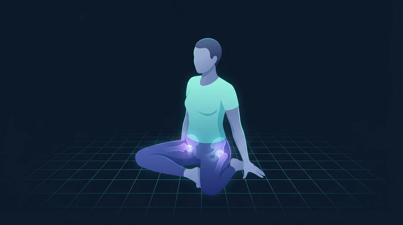 A person sitting tall on the floor with one leg folded in front of the body and the other folded out to the side, both hip joints glowing to show the rotation the 90 90 position asks for
