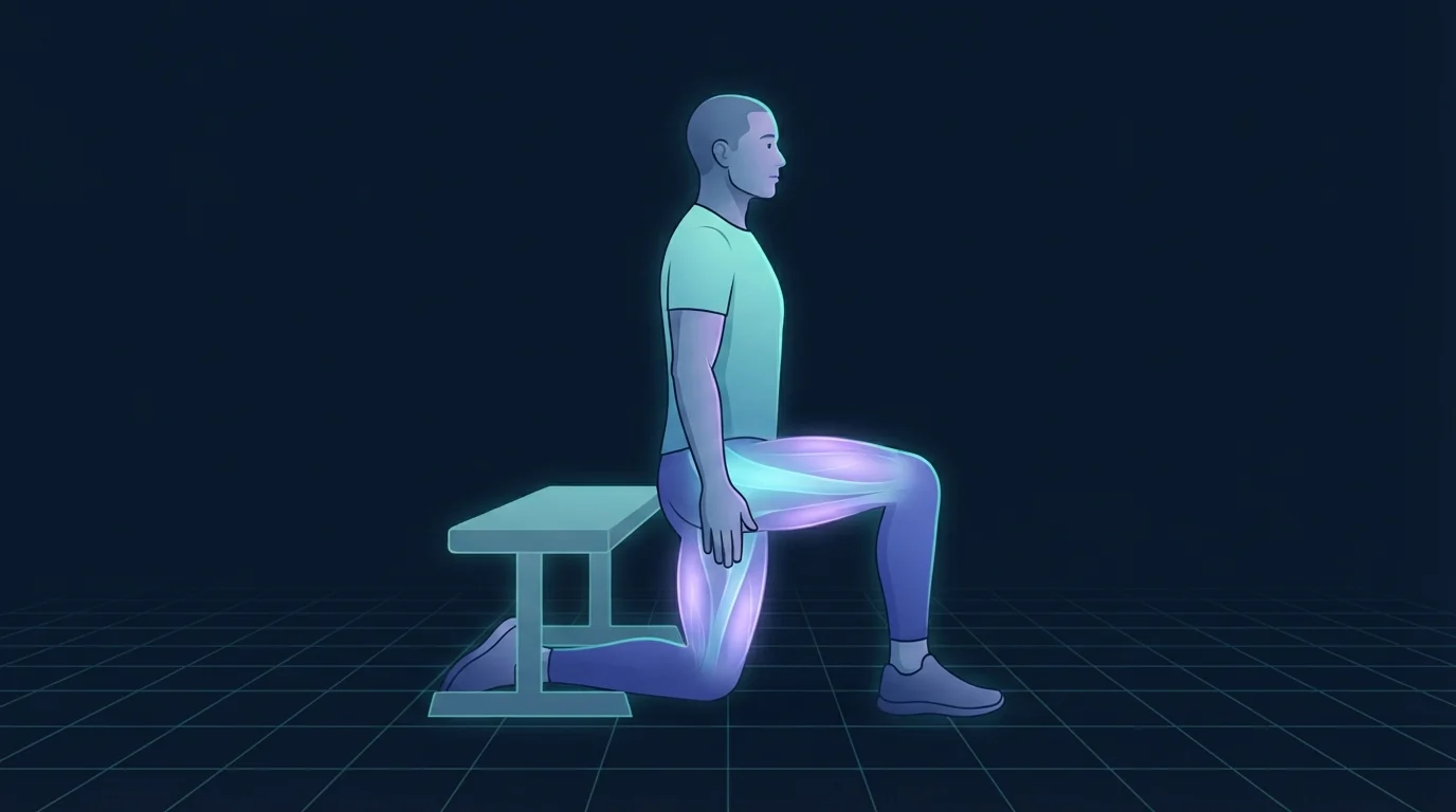 A person kneeling upright beside a low bench with the back knee under the hip and the front foot planted ahead, the front of the back thigh and hip glowing to show where the couch stretch loads