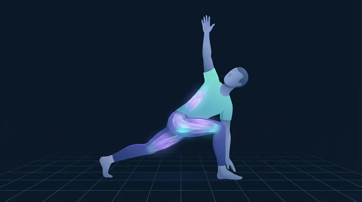 A person in a deep forward lunge with one hand on the floor and the other arm reaching toward the ceiling, the front hip, back hip flexor and mid-back glowing to show the joints the worlds greatest stretch loads at once