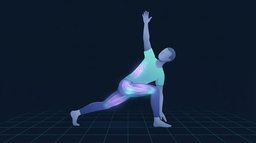 A person in a deep forward lunge with one hand on the floor and the other arm reaching toward the ceiling, the front hip, back hip flexor and mid-back glowing to show the joints the worlds greatest stretch loads at once