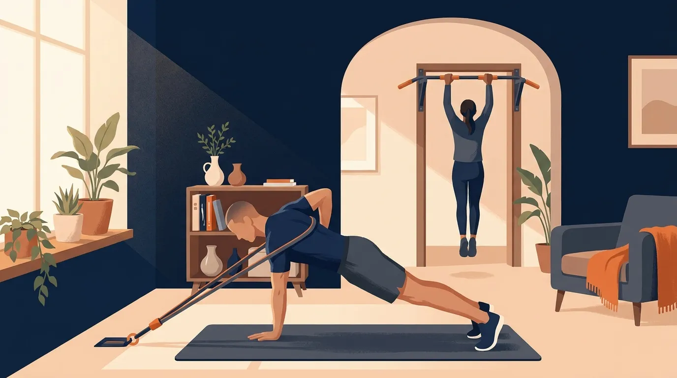 Editorial illustration of a home workout using bodyweight progressions and elastic bands to hit the 2026 ACSM prescription variables
