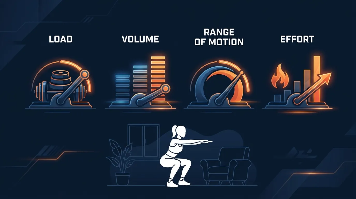 Editorial illustration of the four 2026 ACSM resistance training prescription variables: load, weekly volume, range of motion, and effort