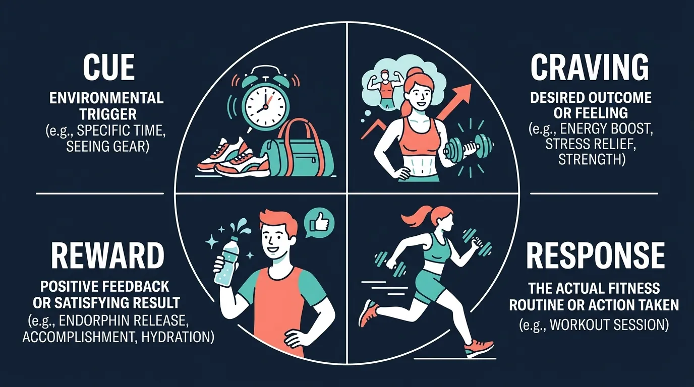 Diagram of the habit loop cycle for fitness showing four stages: cue, craving, response, and reward with fitness icons illustrating how workout habits form automatically