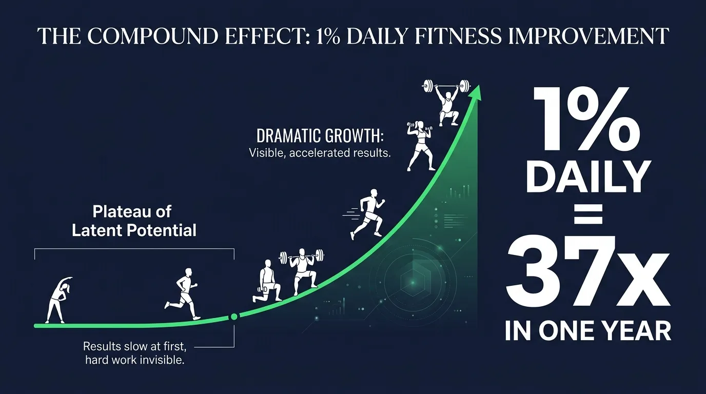 Exponential growth chart showing how 1 percent daily fitness improvement compounds to 37x gains over one year with the plateau of latent potential illustrated
