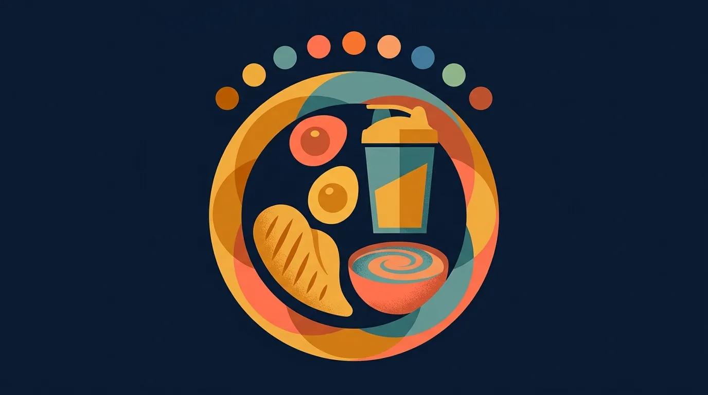 Conceptual illustration of a protein-forward meal (chicken, eggs, whey shake, Greek yogurt) that delivers the full essential amino acid pool, next to a smaller BCAA scoop delivering only three amino acids