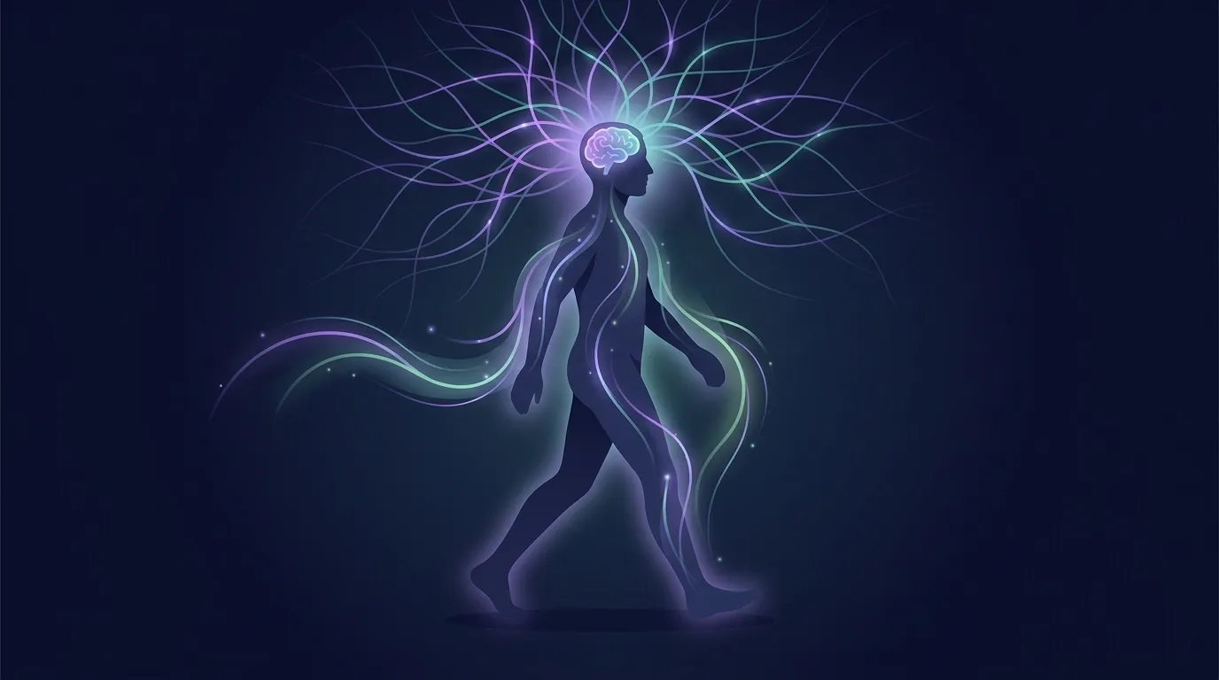 Conceptual illustration showing how aerobic exercise releases brain-derived neurotrophic factor BDNF which crosses the blood brain barrier and supports neurons in the hippocampus and prefrontal cortex
