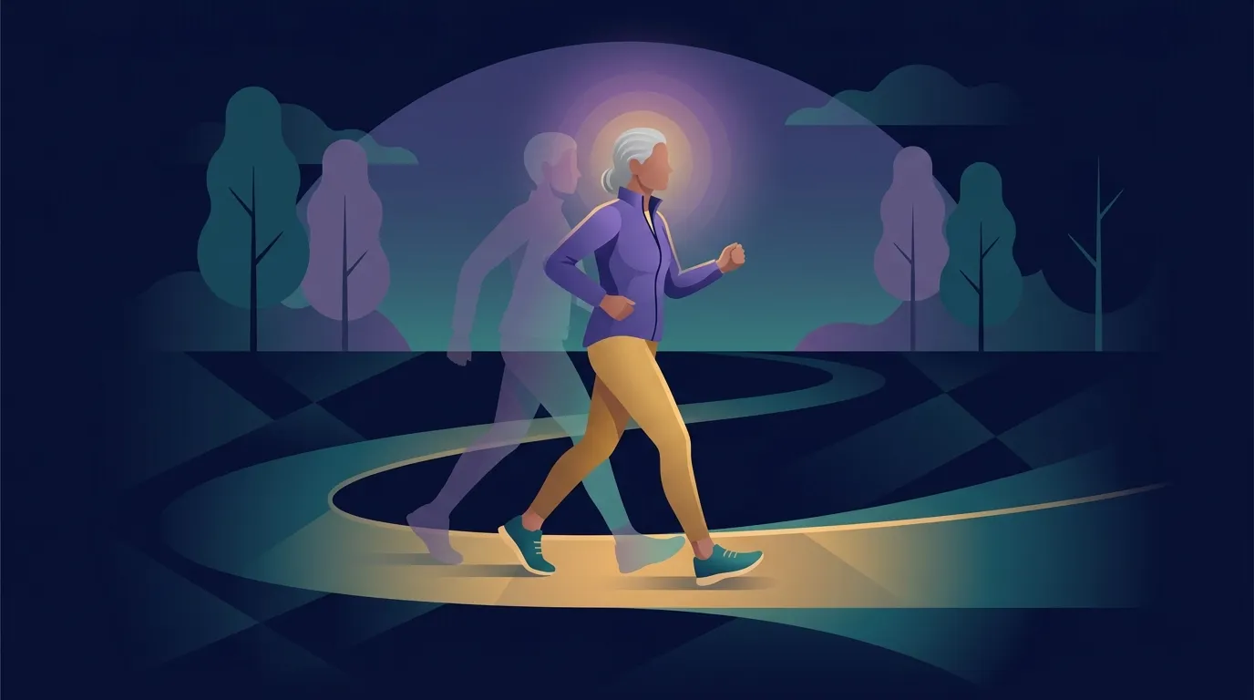 Conceptual illustration of a midlife adult walking briskly outdoors as a sustained habit producing chronic adaptations in brain growth factor and hippocampal volume over months