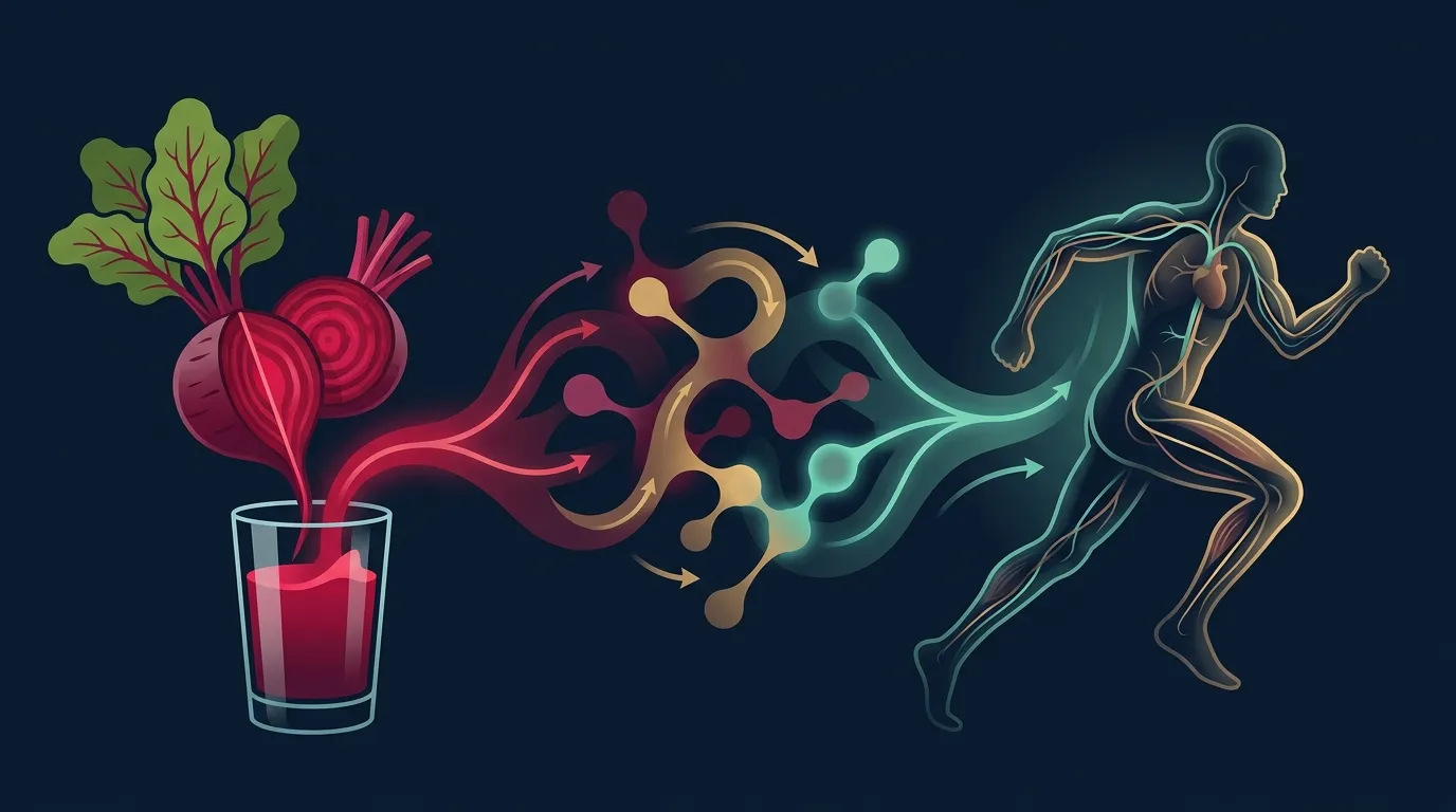 Conceptual illustration of beetroot juice and exercise performance showing the dietary nitrate to nitric oxide pathway and downstream effects on muscle oxygen efficiency
