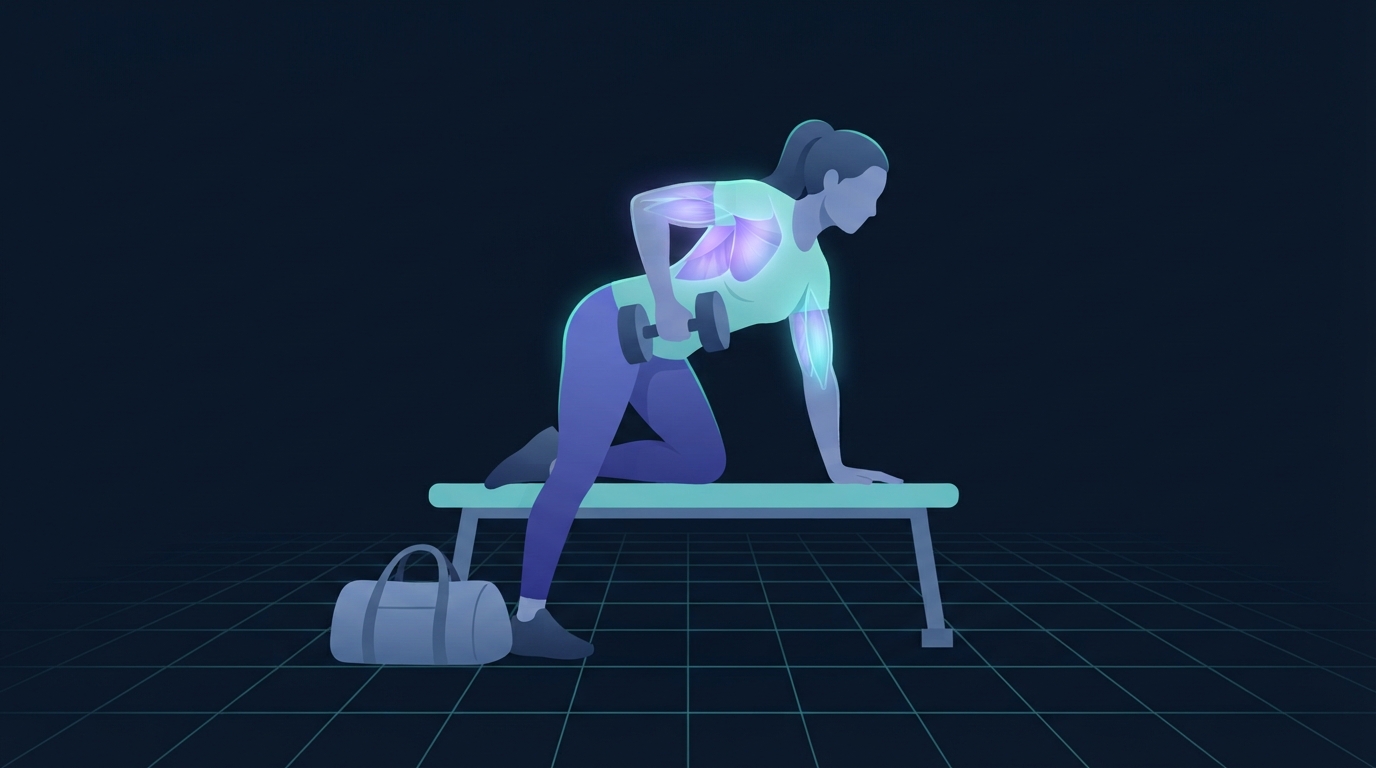 Illustration of a person kneeling on a bench to perform a single-arm dumbbell row beside a gym bag, representing a fixed weekly training slot