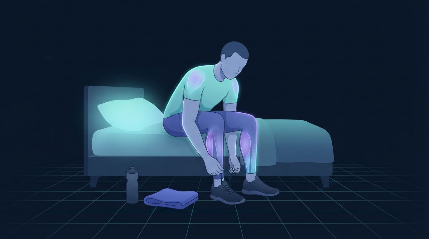 Illustration of a person sitting on the edge of a bed at night leaning down to fasten a training shoe beside a water bottle and folded towel, showing how late training interacts with sleep