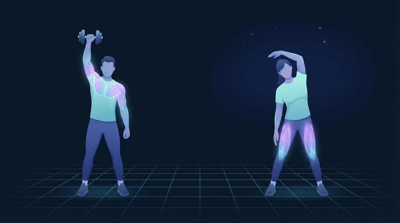 Illustration contrasting a person pressing a dumbbell overhead on the left with a person doing a standing side stretch under a starry night sky on the right, showing the morning versus evening workout timing question