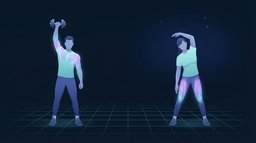 Illustration contrasting a person pressing a dumbbell overhead on the left with a person doing a standing side stretch under a starry night sky on the right, showing the morning versus evening workout timing question