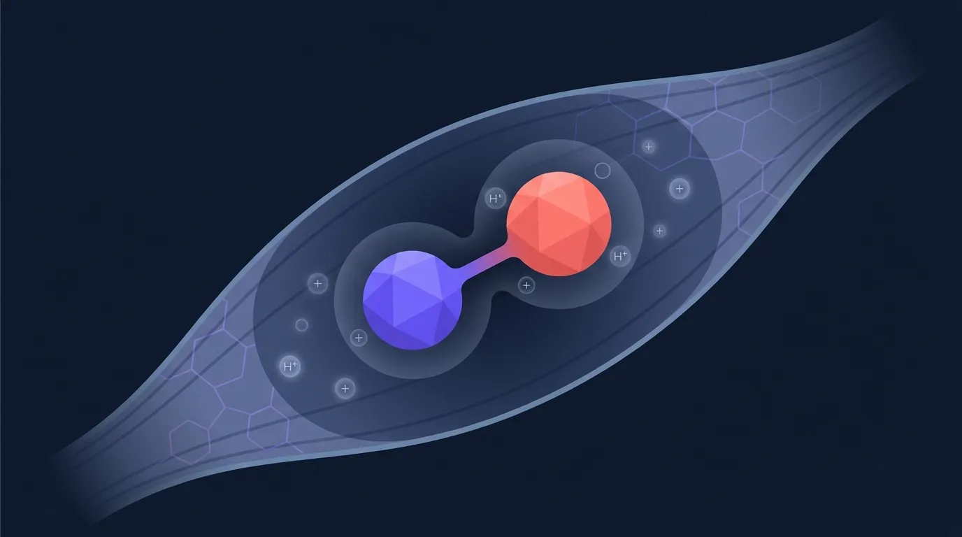 Conceptual illustration showing beta-alanine combining with histidine to form muscle carnosine, and carnosine buffering hydrogen ions during high-intensity exercise