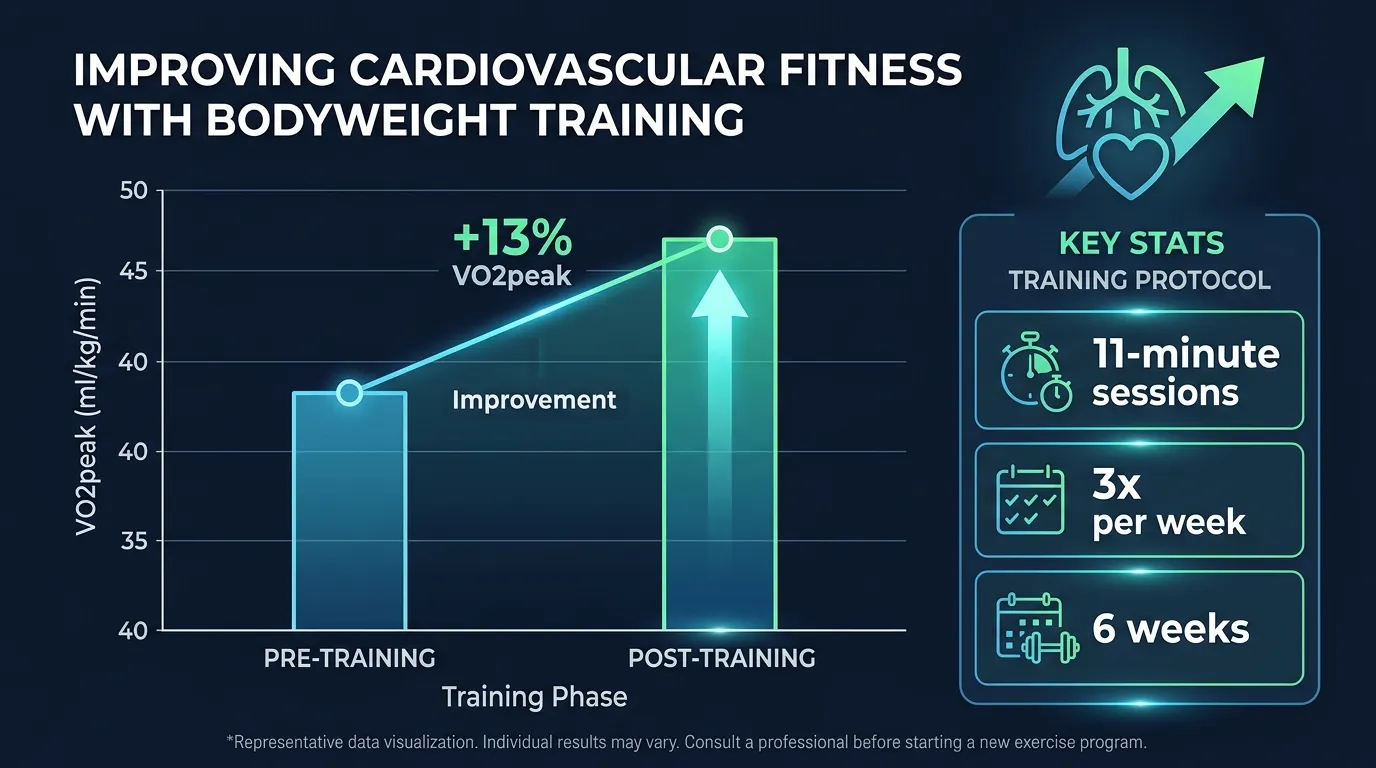 Chart showing 13 percent VO2peak cardiovascular fitness improvement from bodyweight training in just 11-minute sessions three times per week over 6 weeks