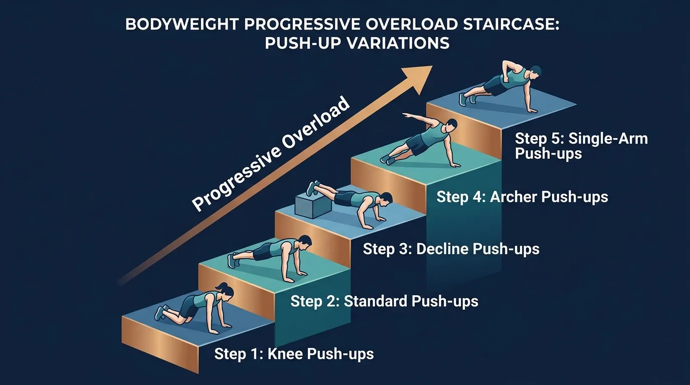 Progressive overload staircase showing bodyweight exercise progression from knee push-ups to standard to decline to archer to single-arm push-ups for continued muscle growth