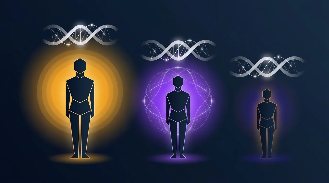 Conceptual illustration showing different individuals with varying responses to caffeine including genetic factors and sleep state influencing performance outcomes