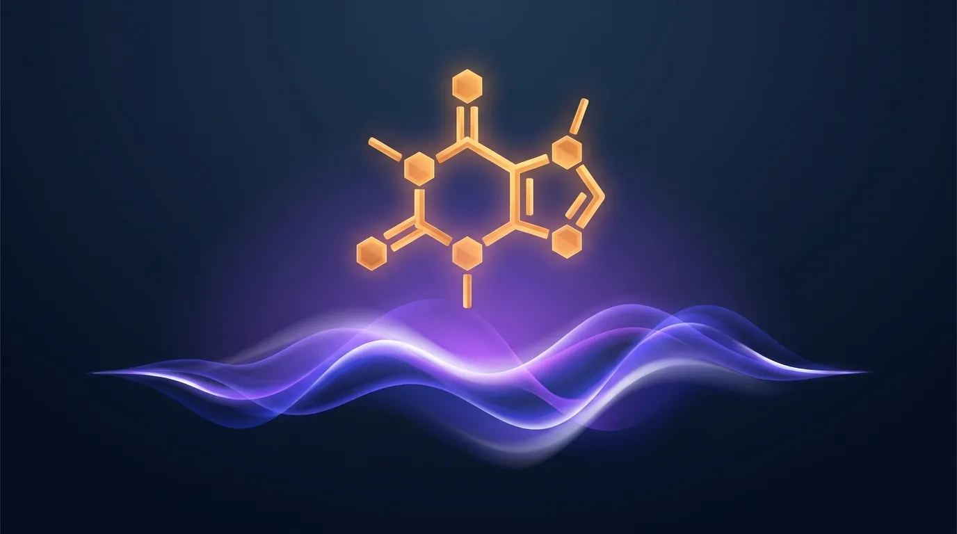 Conceptual illustration of caffeine molecules and athletic performance showing the relationship between pre-workout stimulation and improved muscular output