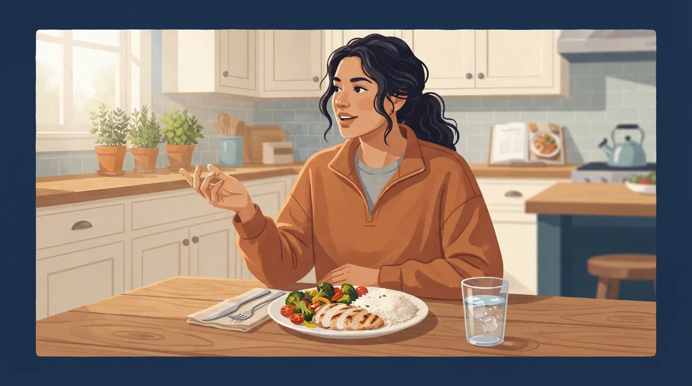 Illustration of an adult sitting at a wooden kitchen table with a plate of rice, chicken and vegetables in warm morning light, showing a higher-carb training-day meal