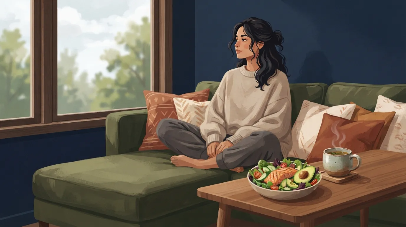 Illustration of an adult sitting cross-legged on a couch by a bright window, a bowl of salad and grilled fish on the coffee table beside them, showing a lower-carb rest-day meal
