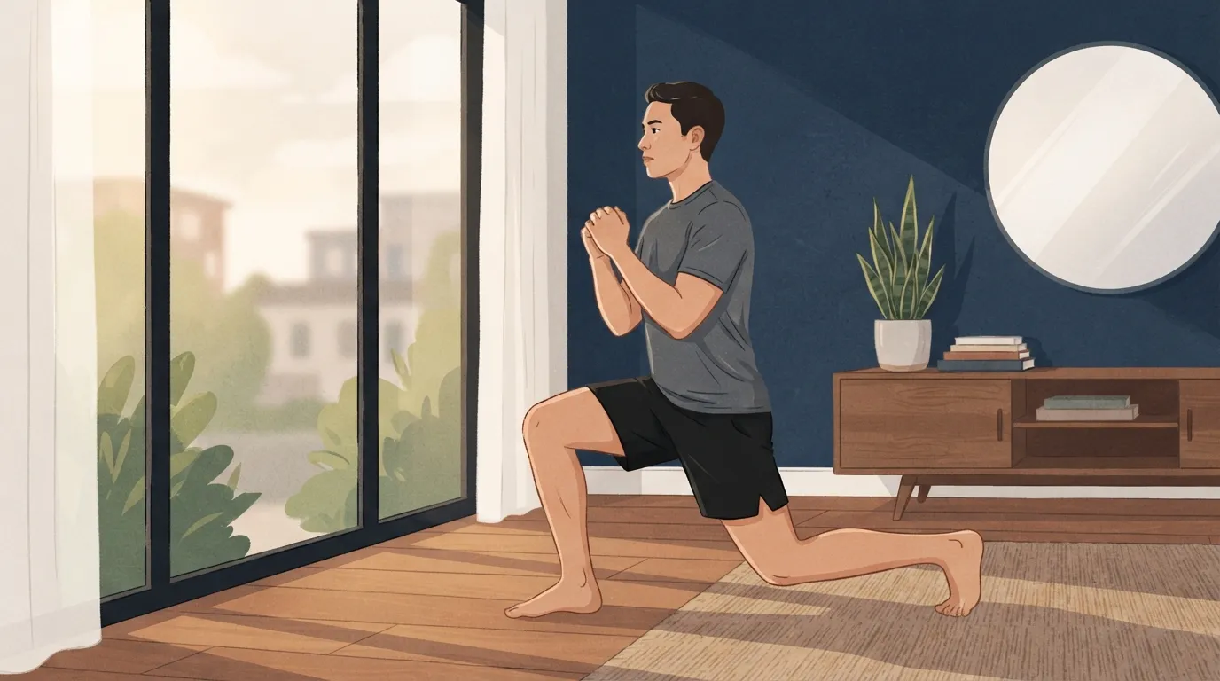 Illustration of an adult performing a bodyweight lunge on a hardwood living-room floor, glutes and quads engaged, natural window light behind them