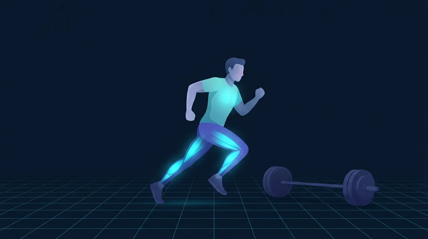Illustration of a runner mid-stride with calves and chest glowing while a loaded barbell sits unused behind, showing the endurance-first order for people whose main goal is aerobic performance