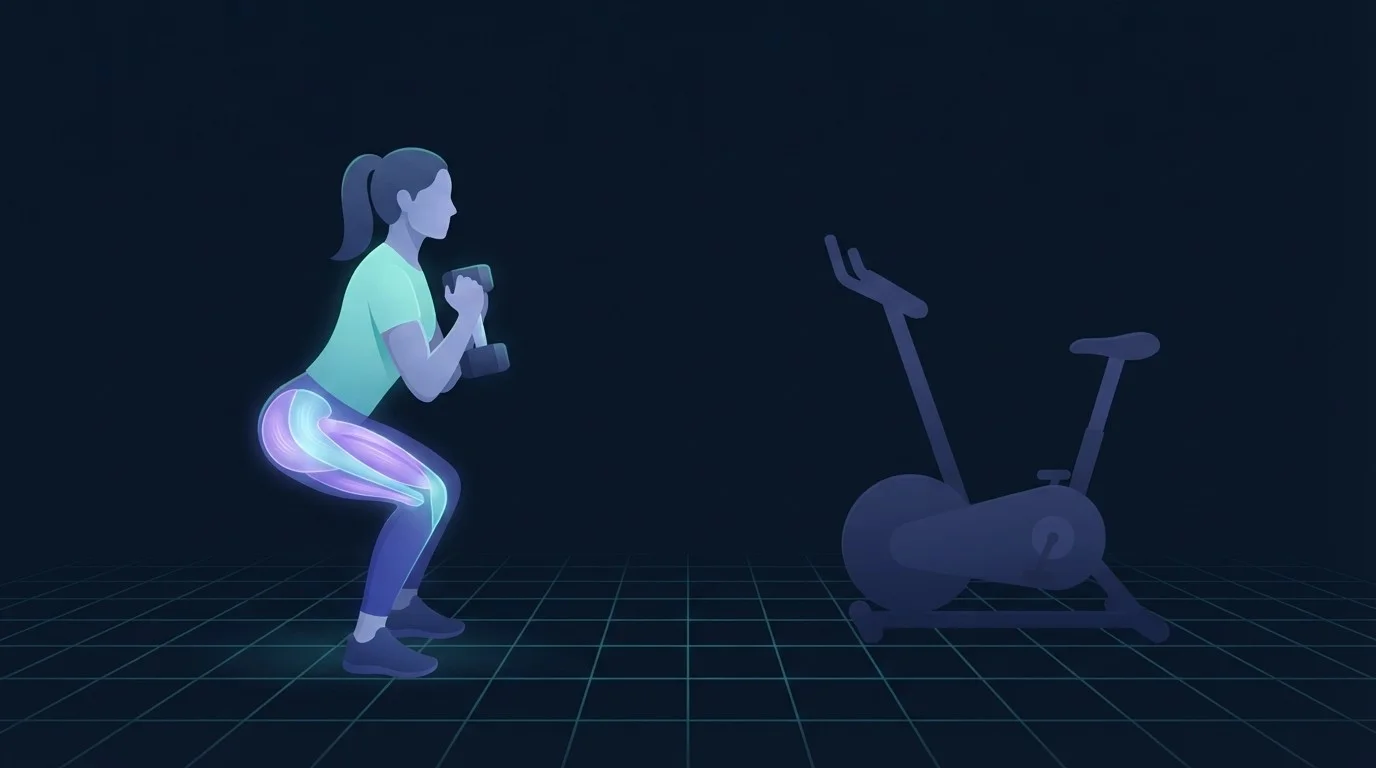 Illustration of a lifter mid-squat with a dumbbell, quadriceps and glutes lit up, while an unused exercise bike waits behind her, showing the resistance-first order the concurrent training research favours