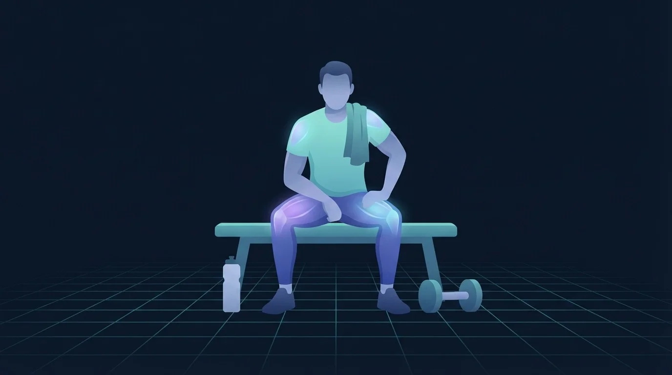 Illustration of a lifter resting on a bench between training blocks with a water bottle and dumbbell nearby, thighs and shoulders glowing to show recovering muscle, representing the recovery gap between cardio and weights