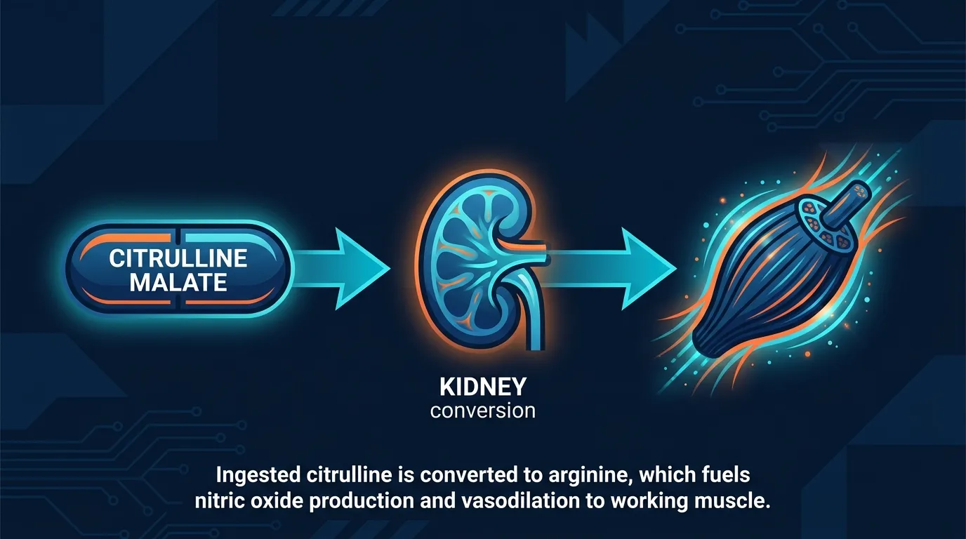 Conceptual illustration showing the L-citrulline to L-arginine to nitric oxide pathway that drives vasodilation during resistance training
