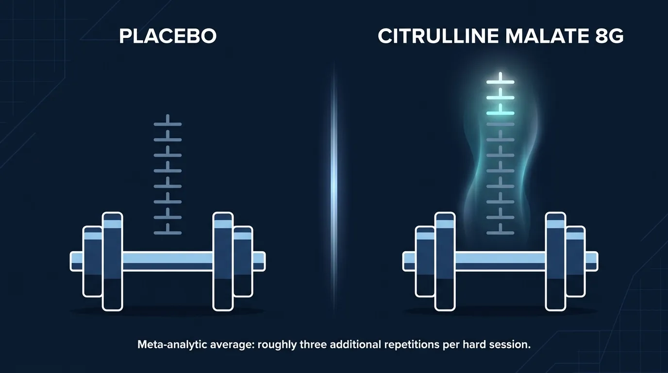 Conceptual illustration comparing a placebo set to a citrulline malate set with roughly three additional repetitions before failure