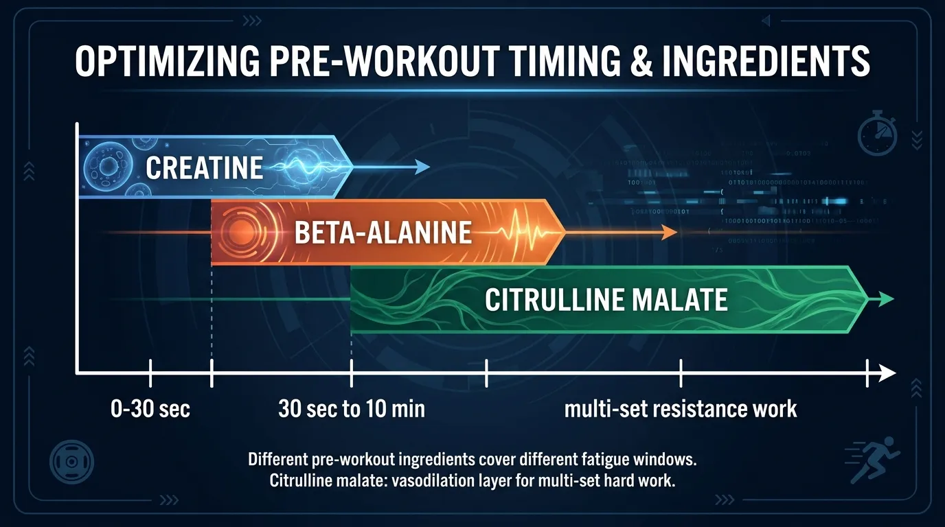 Conceptual illustration comparing the exercise windows where different supplements work: creatine for short bursts, beta-alanine for glycolytic middle window, citrulline malate as vasodilation layer