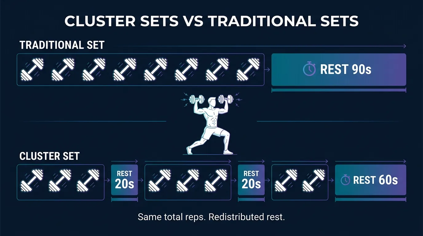 Illustration comparing traditional straight sets to cluster sets, showing intra-set rest periods breaking a working set into smaller rep groups