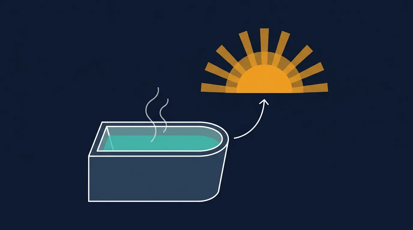 Conceptual illustration of a cold plunge tub filled with icy water beside a warming afterglow, symbolizing the tradeoff between short-term recovery benefits and long-term muscle growth