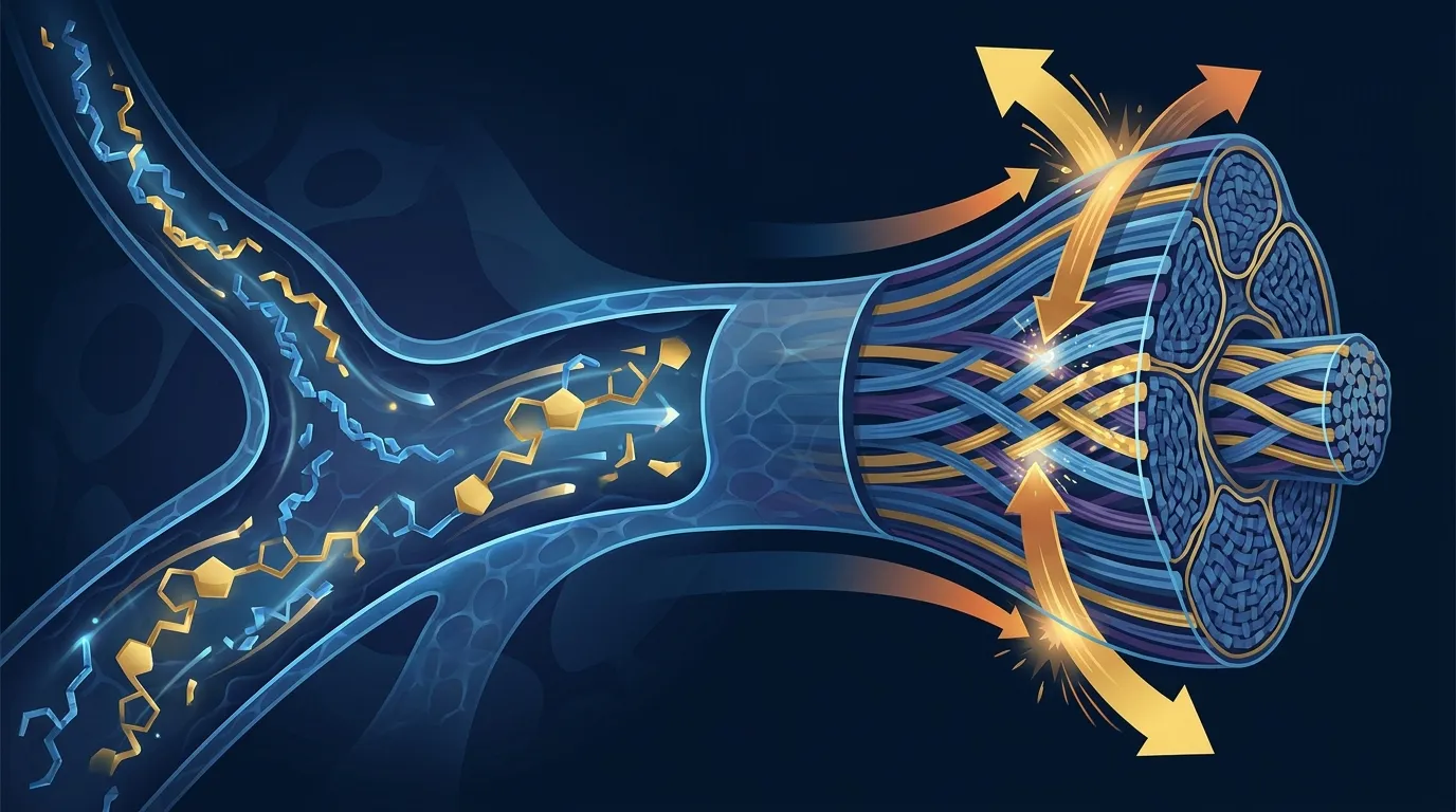 Conceptual illustration of collagen peptides and vitamin C reaching connective tissue in the Achilles tendon during mechanical loading