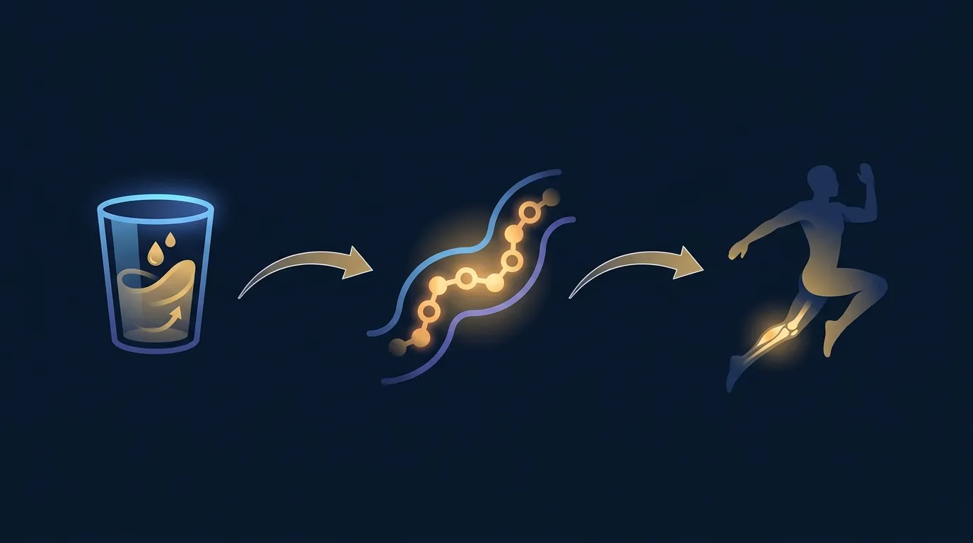 Conceptual illustration of collagen peptide amino acid timing showing peak blood levels one hour after ingestion aligning with tendon-loading exercise session