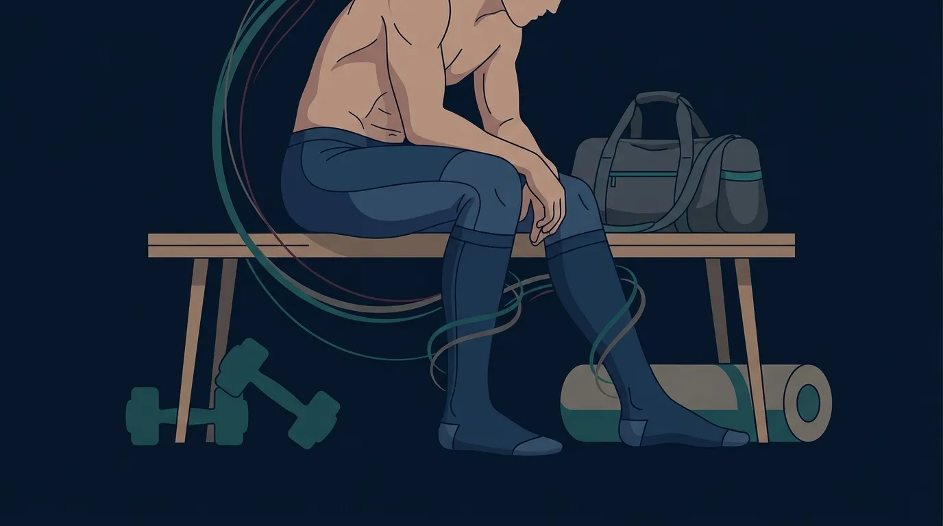Conceptual illustration of an athlete wearing compression tights and sleeves during post-exercise recovery, with subtle visual cues suggesting improved venous return and reduced muscle oscillation