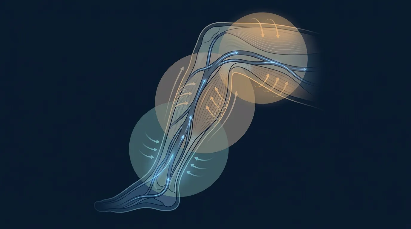 Conceptual visualization of the proposed mechanisms of compression garment action: graduated pressure aiding venous return, reduced muscle oscillation, and modest reduction of post-exercise inflammation