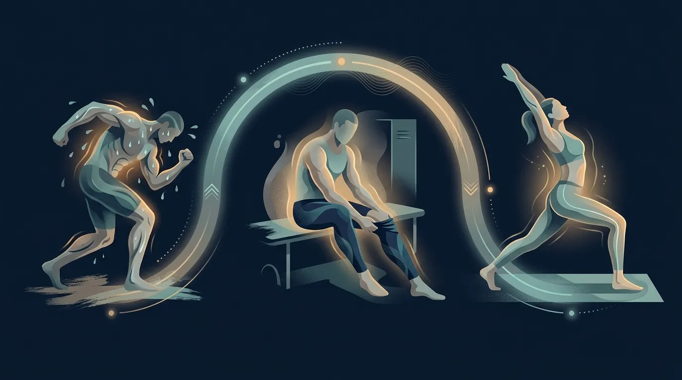 Conceptual visualization of a post-workout compression garment protocol showing the 24-hour wear window from immediately after a hard session through the next-day recovery period