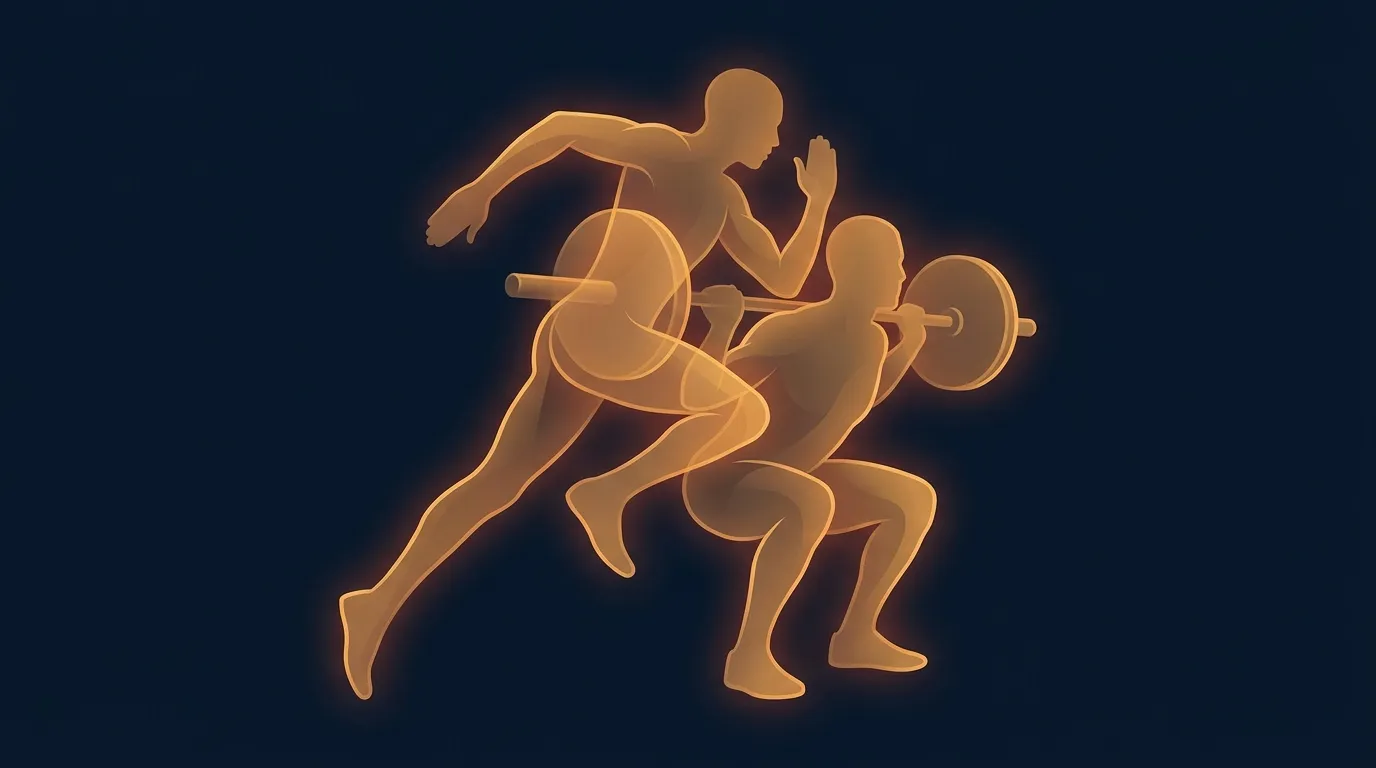 Editorial illustration of a runner and a lifter as intertwined silhouettes on a dark navy background, symbolizing the interaction between endurance and strength training adaptations