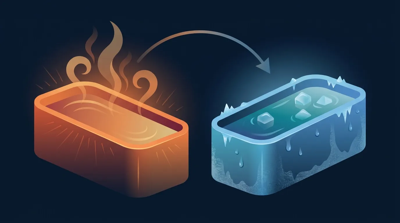 Conceptual illustration of alternating hot and cold water baths side by side, symbolizing the vasoconstriction and vasodilation cycling that defines contrast water therapy